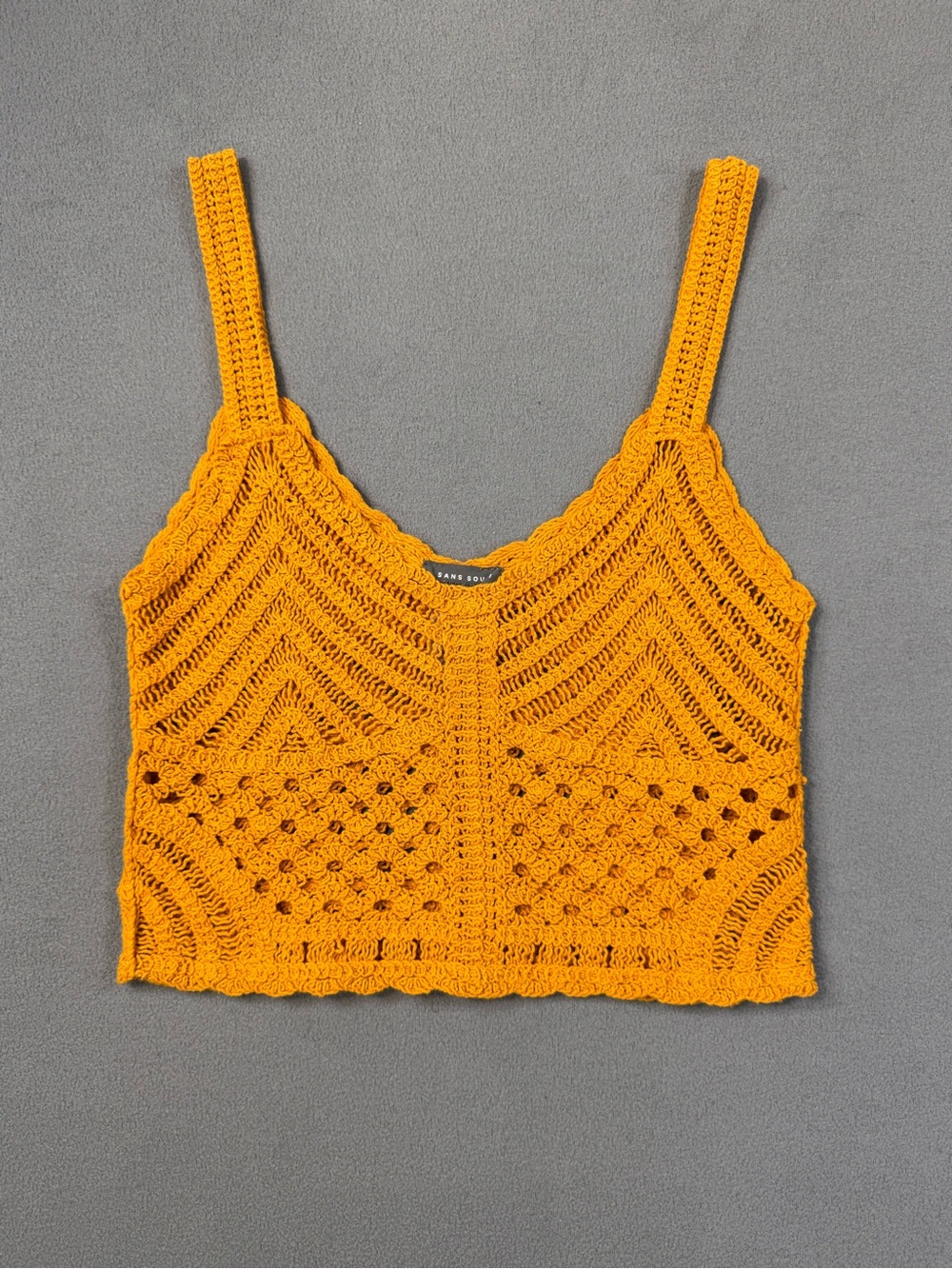 Boho San Souci 100% Cotton Crochet Mustard Yellow Cropped Tank Top, Medium